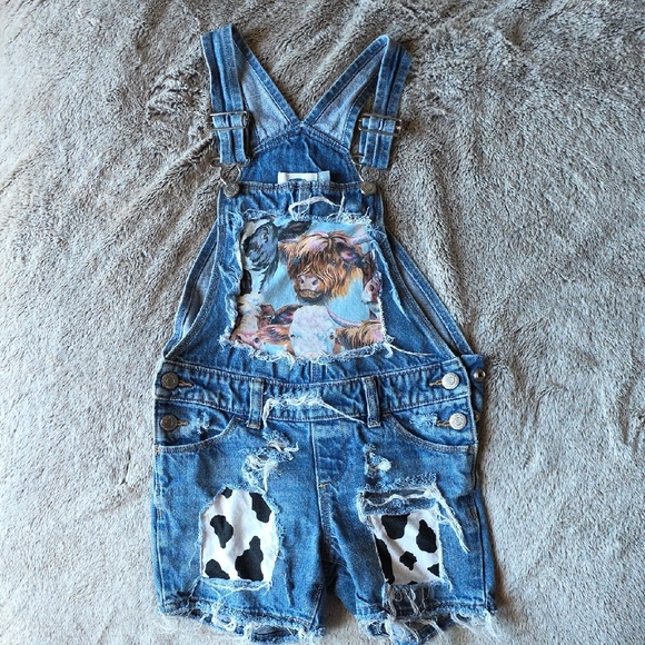 Old Navy Other - Adorable Kids Distressed Denim Overalls with Animal Print Highland Cows